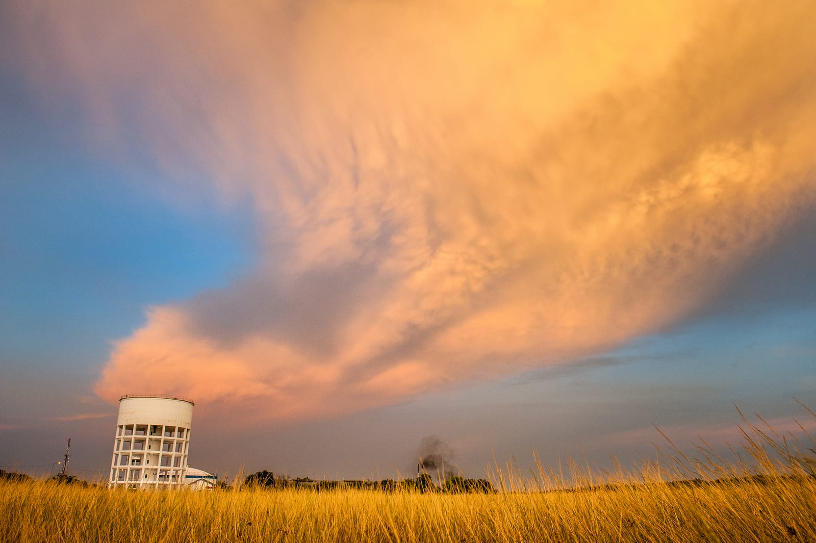 Dusk: pink and orange clouds roll across the sky over golden grass and a white water tower.